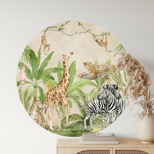 Round Jungle Safari Animal Scene - Fabric Wall Decal - Zebra Giraffe Leopard Monkeys Wall Mural Decal - Safari Nursery Decor - Removable