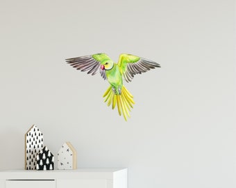 May include: A green and yellow parrot with black wings is flying in mid-air. The parrot has a red beak and is depicted in a watercolor style.