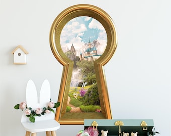3D Keyhole Fabric Wall Decal - Fairytale Castle Waterfall Mountain - Removable Fabric Wall Sticker - 3d Keyhole Wall Sticker