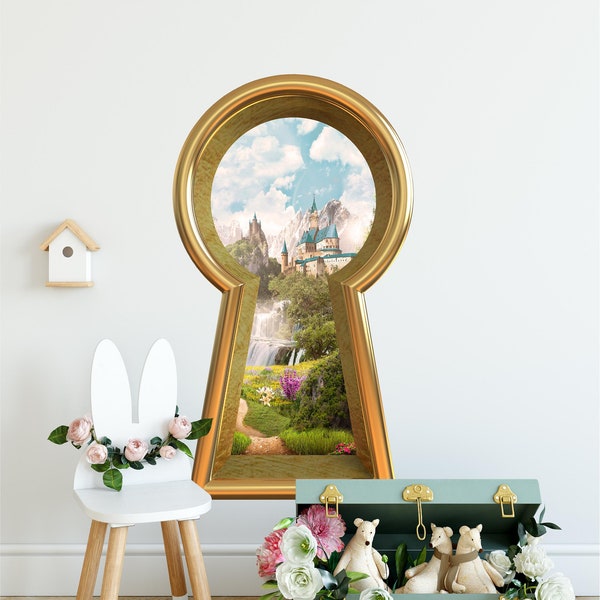 3D Keyhole Fabric Wall Decal - Fairytale Castle Waterfall Mountain - Removable Fabric Wall Sticker - 3d Keyhole Wall Sticker