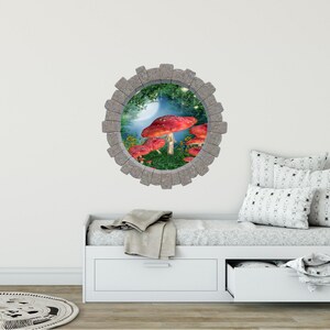 3D Stone Hole Wall Decal Enchanted Lantern Forest #2 Mushroom Patch Wonderland Fantasy Brick Window Removable Fabric  Wall Sticker