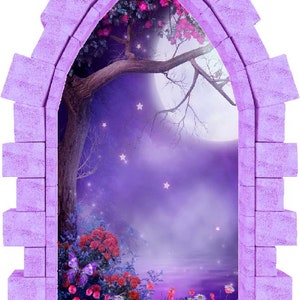 Foggy Purple Moonlight Castle Window 3D Wall Sticker Night Sky Moon Medieval Portal Girl Playroom Kids Bedroom Decor immagine 6