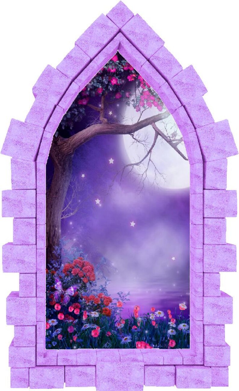 Foggy Purple Moonlight Castle Window 3D Wall Sticker Night Sky Moon Medieval Portal Girl Playroom Kids Bedroom Decor immagine 6