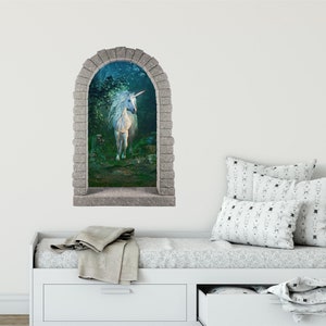 Rounded Stone Castle Window Wall Decal Unicorn In Enchanted Forest #2 Removable Fabric  Wall Sticker for Childrens Room