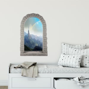 Rounded Stone Castle Window Wall Decal Rainbow Over Fairytale Castle Removable Fabric  Wall Sticker for Childrens Room