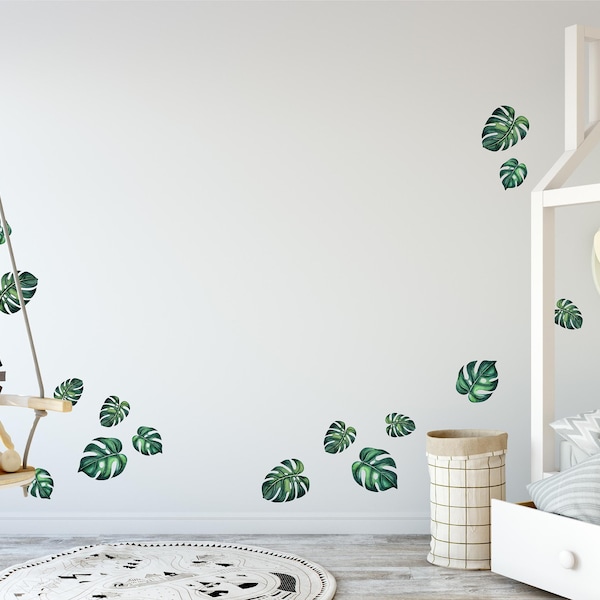 Dark Green Monstera Tropical Leaves Wall Decal Set - Size SMALL Set of 15 Botanical Watercolor Rainforest Leaf Wall Stickers Nursery