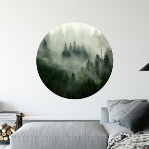 Foggy Forest Circle Wall Decal • Modern Landscape • Removable Fabric  Wall Sticker