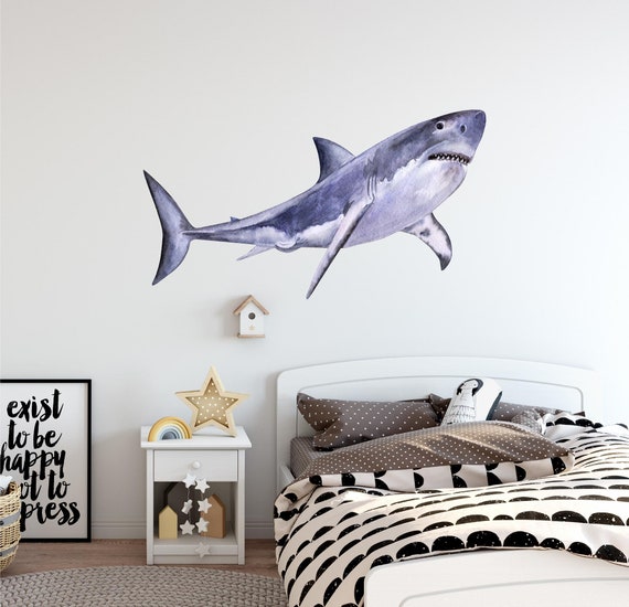 Shark Watercolor Wall Decal Sticker Ocean Under The Sea Life Underwater Sea Animals Fish Shark Week Kids Bedroom Playroom Wall Art Decor