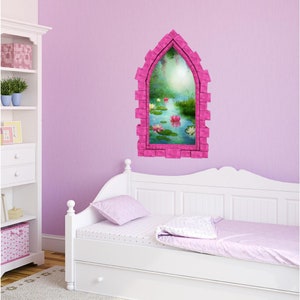 Water Lily Fantasy River Castle Window 3D Wall Sticker Mural for Kids Playroom Childrens Bedroom Decor