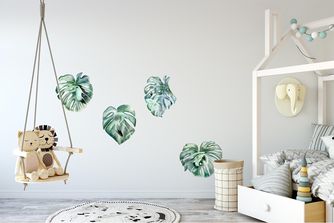 Monstera Leaves With Green Tropical Birds Wall Decal Set - Size MEDIUM ...