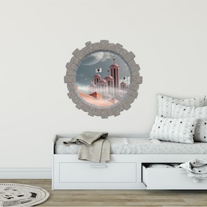 3D Stone Hole Wall Decal Hearts Palace Wonderland Fantasy Brick Window Removable Fabric  Wall Sticker