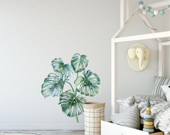 Green Monstera Tree #2 Wall Decal  Watercolor Rainforest Tropical Leaves Wall Stickers Removable Fabric