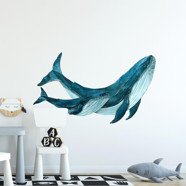 Humpback Whale Wall Decal | Nursery Wall Decor | Repositionable Fabric Decal | Removable Decal | Mother & Baby Whale Decal | Room Decor