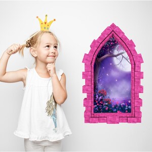 Foggy Purple Moonlight Castle Window 3D Wall Sticker Night Sky Moon Medieval Portal Girl Playroom Kids Bedroom Decor immagine 2
