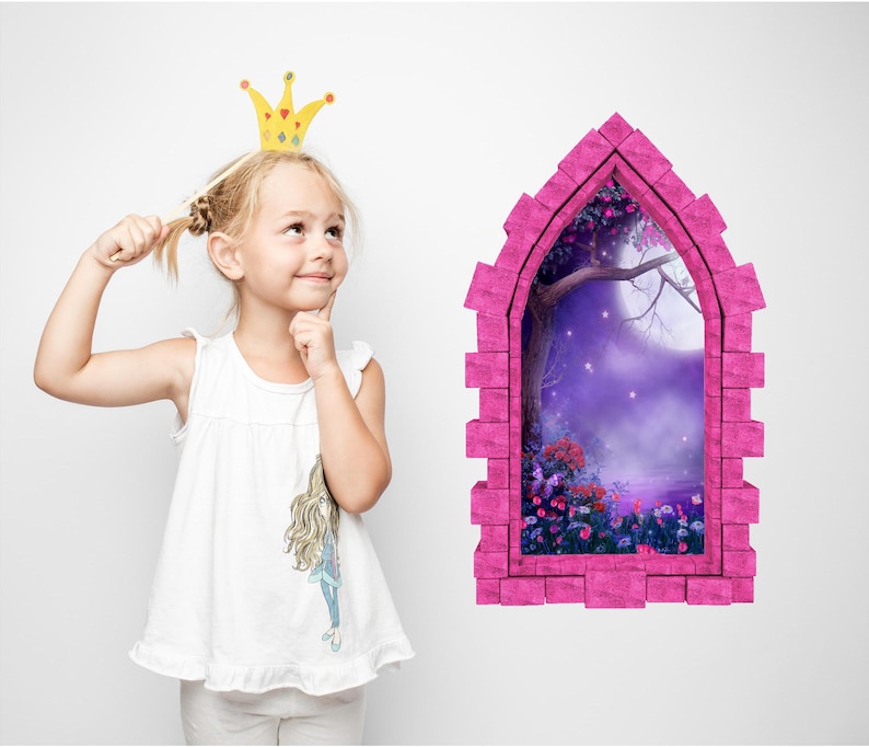 Foggy Purple Moonlight Castle Window 3D Wall Sticker Night Sky Moon Medieval Portal Girl Playroom Kids Bedroom Decor immagine 2