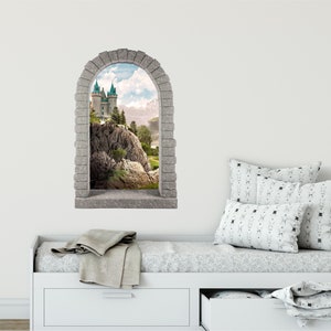 Rounded Stone Castle Window Wall Decal Fairytale Castle On Cliff Removable Fabric  Wall Sticker for Childrens Room