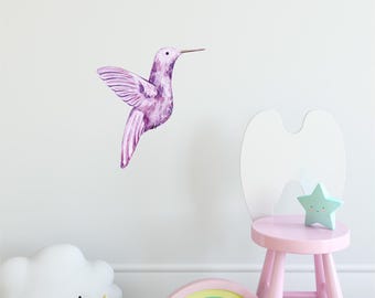 Purple Hummingbird Wall Decal Watercolor Bird Wall Sticker Removable Fabric  Wall Art Decor