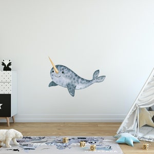Watercolor Cartoon Narwhal Wall Decal Ocean Sea Life Removable Fabric Wall Sticker | DecalBaby