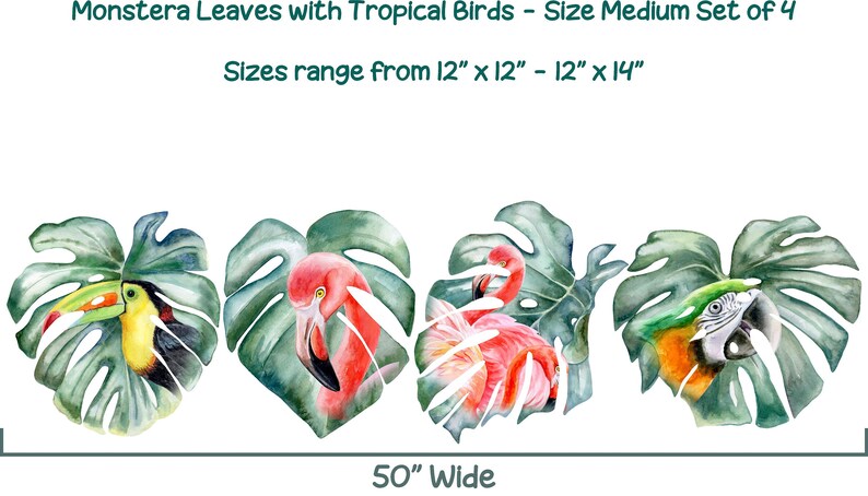 Monstera Leaves with Colorful Tropical Birds Wall Decal Set Size MEDIUM Set of 4 Botanical Watercolor Rainforest Leaf Wall Stickers image 3