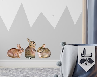 Watercolor Bunnies Wall Decal Set of 3 Woodland Forest Bunny Rabbits Wall Sticker Removable Fabric  Nursery Decor