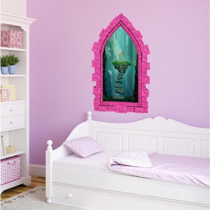 Floating Gazebo Castle Window Wall Decal Fantasy Medieval Wall Mural 3D Wall Sticker Kids Playroom Wall Art