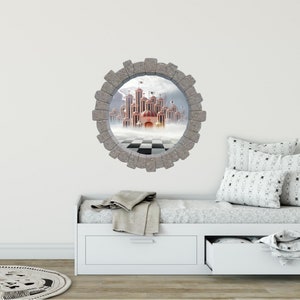 3D Stone Hole Wall Decal Hearts Castle Wonderland Fantasy Brick Window Removable Fabric  Wall Sticker