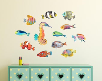 Watercolor Tropical Fish Wall Decal Set 12 Piece Fabric Wall Sticker | DecalBaby