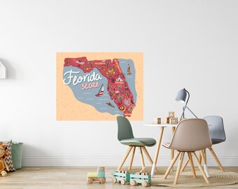 Florida State Cartoon Map Wall Decal Travel USA Illustration Mural Removable Fabric Vinyl Wall Sticker