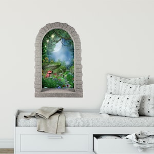 Rounded Stone Castle Window Wall Decal Enchanted Lantern Forest Removable Fabric  Wall Sticker for Childrens Room