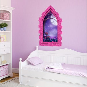 Foggy Purple Moonlight Castle Window 3D Wall Sticker Night Sky Moon Medieval Portal Girl Playroom Kids Bedroom Decor immagine 1