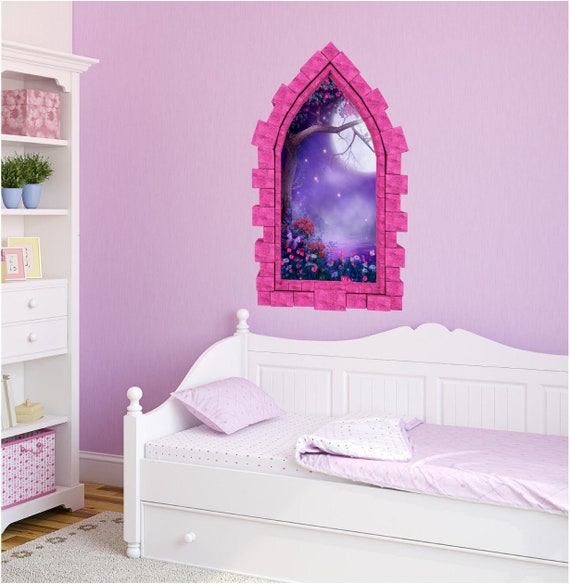 Foggy Purple Moonlight Castle Window 3D Wall Sticker Night Sky Moon Medieval Portal Girl Playroom Kids Bedroom Decor