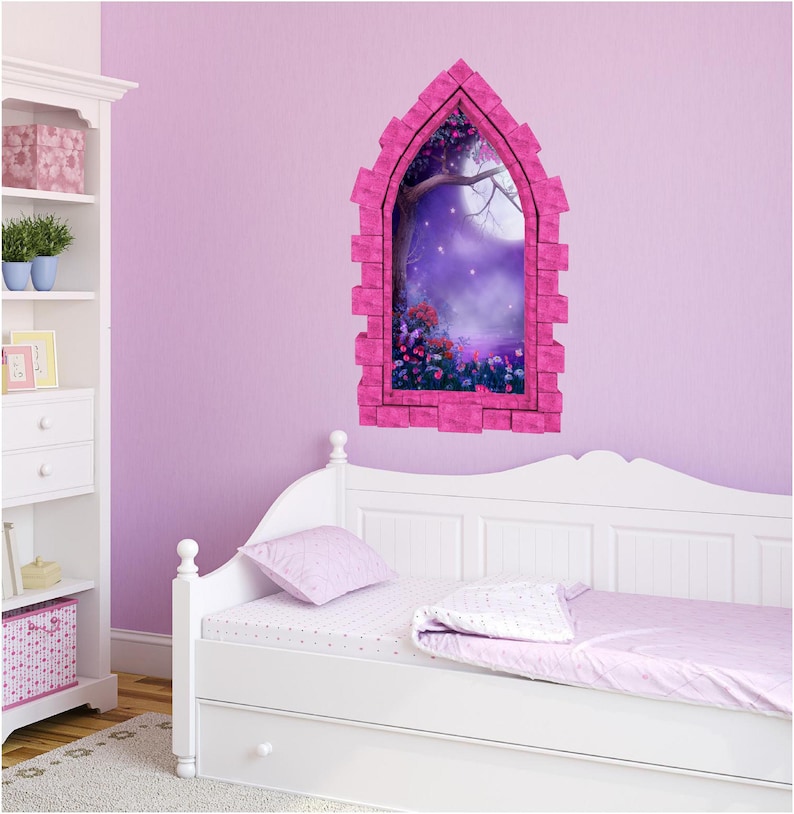Foggy Purple Moonlight Castle Window 3D Wall Sticker Night Sky Moon Medieval Portal Girl Playroom Kids Bedroom Decor immagine 1