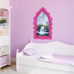 Fairy Tale Stone Waterfall Castle Window Wall Decal 3D Wall Sticker Mural for Childrens Bedroom Playroom Decor