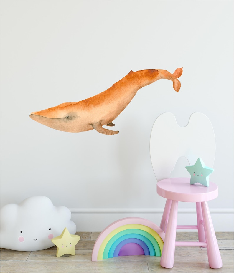 Orange Whale Wall Decal Watercolor Sea Ocean Wall Art Peel and Stick Wall Sticker Removable Fabric Vinyl Baby Girl Nursery Decor