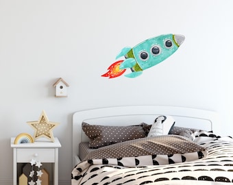 Watercolor Turqoise Spaceship Wall Decal Space Rocket Wall Sticker Space Ship Wall Art Peel & Stick Removable Fabric  DecalBaby