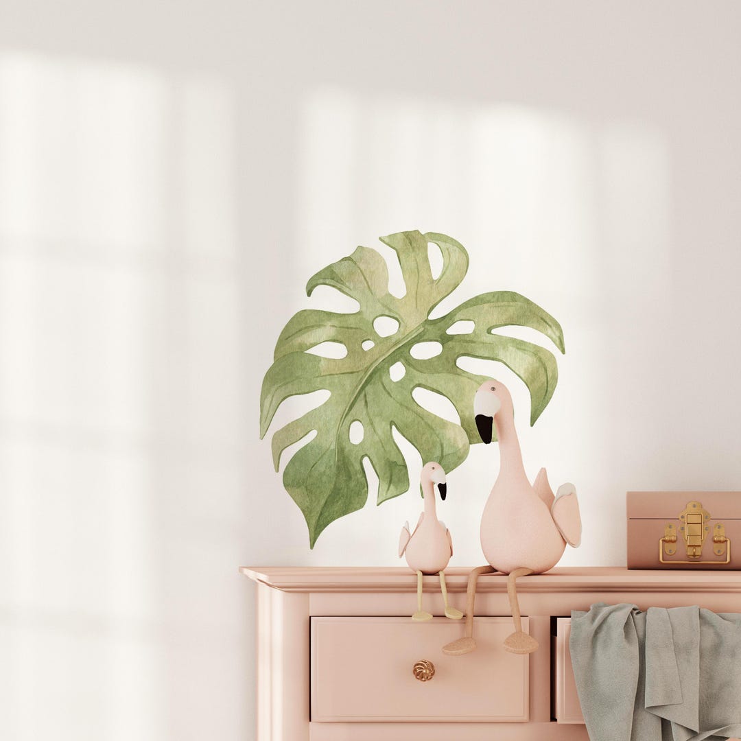 Monstera Leaf Watercolor Wall Decal, Tropical Safari Nursery Decor ...