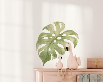Monstera Leaf Watercolor Wall Decal, Tropical Safari Nursery Decor, Jungle Leaf Peel and Stick Wall Sticker for Baby Room