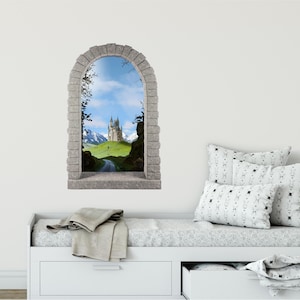 Rounded Stone Castle Window Wall Decal Castle View From Forest Removable Fabric  Wall Sticker for Childrens Room