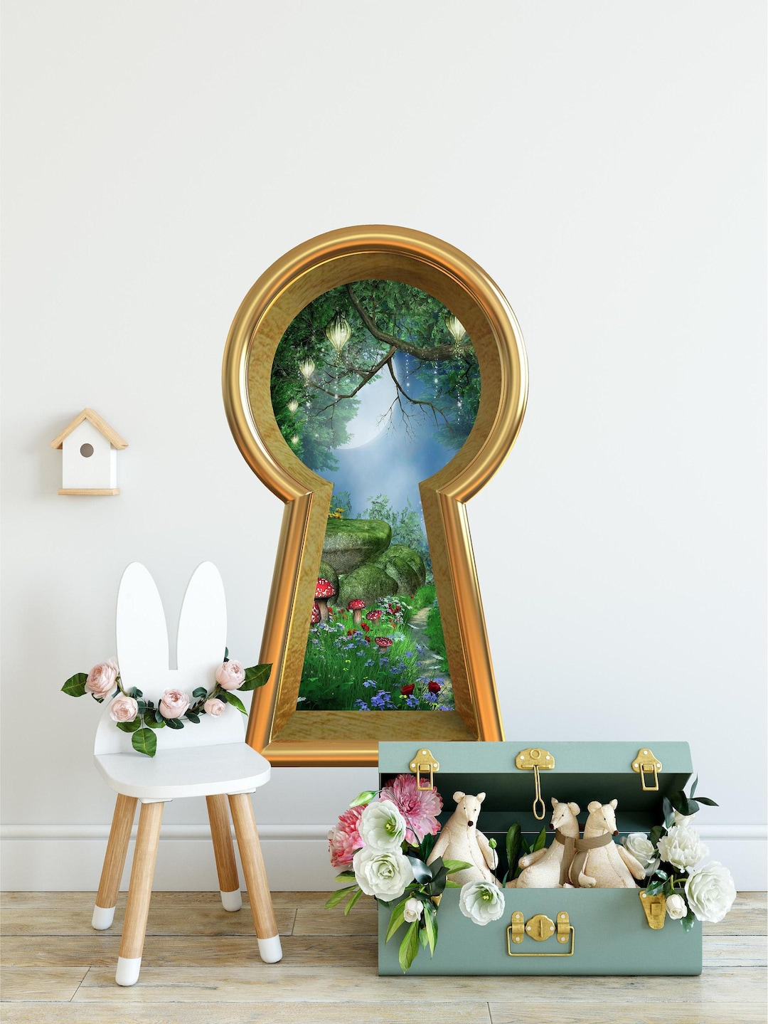 Enchanted Lantern Forest Wall Decal - Removable Keyhole Window Vinyl Sticker, 16", Fairy Tale Mushroom Wonderland Kids Room Decor - View #7
