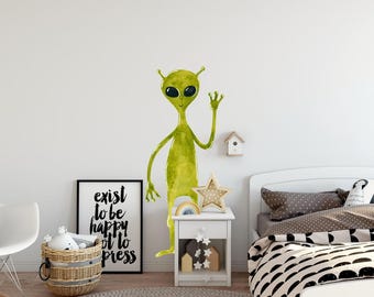 Watercolor Green Alien Wall Decal, Outer Space, UFO Wall Sticker, Extraterrestrial Wall Art, Removable Peel and Stick Fabric