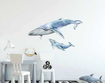 Mother Blue Whale & Baby Blue Whale Wall Decal Ocean Sea Life Removable Fabric Wall Sticker