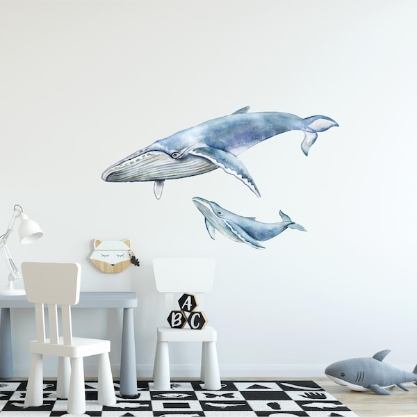 Mother Blue Whale & Baby Blue Whale Wall Decal Ocean Sea Life Removable Fabric Wall Sticker | DecalBaby