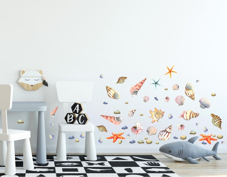 Underwater Seashells Wall Decal Set Ocean Shells Sea Pebbles Stones Rocks Fabric Wall Sticker image 1