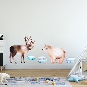 Arctic Animals Watercolor Wall Decal Set #1 Reindeer Polar Bear Iceberg Removable Fabric Wall Sticker | DecalBaby