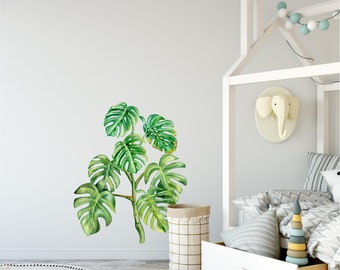 Green Monstera Tree #1 Wall Decal  Watercolor Rainforest Tropical Leaves Wall Stickers Removable Fabric