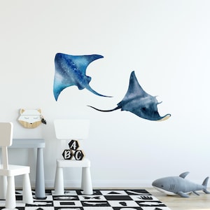 Watercolor Navy Blue Stingrays Wall Decal Set of 2 Ocean Sea Life Removable Fabric Wall Sticker