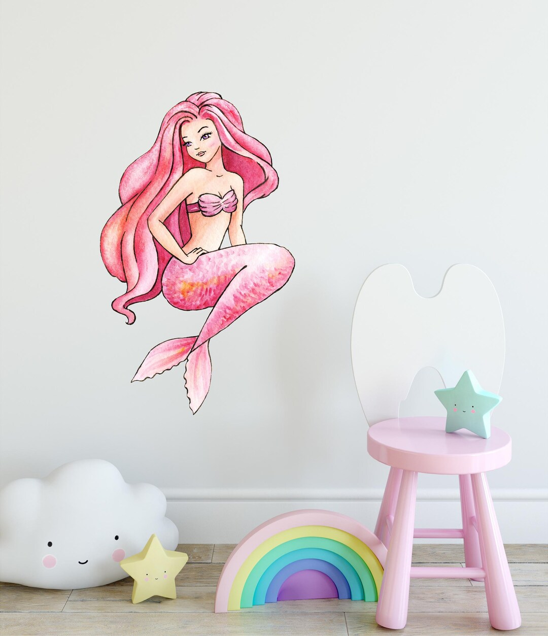 Watercolor Pink Mermaid #1 Wall Decal Ocean Sea Life Removable Fabric ...