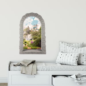 Rounded Stone Castle Window Wall Decal Fairytale Castle Waterfall Mountain View Removable Fabric  Wall Sticker for Childrens Room