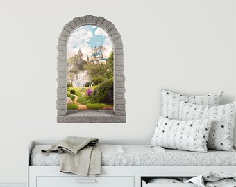 Könnte beinhalten: Ein Steinbogen mit 3D-Effekt, der eine Fantasielandschaft mit einem Wasserfall und einem Schloss in der Ferne enthüllt. Die Szene wird von einem Steinbogen mit einer Fensterbank eingerahmt.