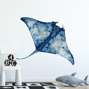 Manta Ray Wall Decal Ocean Wall Sticker, Removable Peel and Stick Fabric, Sealife Under The Sea Underwater Kids Marine Nursery Decor image 1
